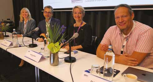All smiles after a packed session on corrosion which prompted many questions: Lena Wegrelius, Outokumpu; Jacko Aerts, DMS; Audren Allion, Aperam; and Dirk Engelberg, University of Manchester.